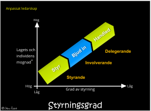 Styrningsgrad Grad av styrning Låg Hög Låg Hög Lagets och individens mognad Styrande Involverande Delegerande Styr Bjud in Handled Anpassat ledarskap *