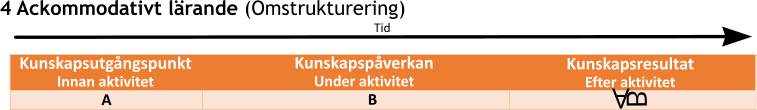 Tid Kunskapsutgångspunkt Innan aktivitet Kunskapspåverkan  Under aktivitet B A Kunskapsresultat  Efter aktivitet 4 Ackommodativt lärande (Omstrukturering) A B